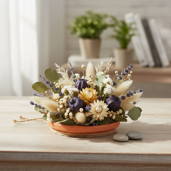 Dekoratives Gesteck aus Trockenblumen, Eukalyptus und Lavendel in einer terracottafarbenen Keramikschale auf einem Holztisch.