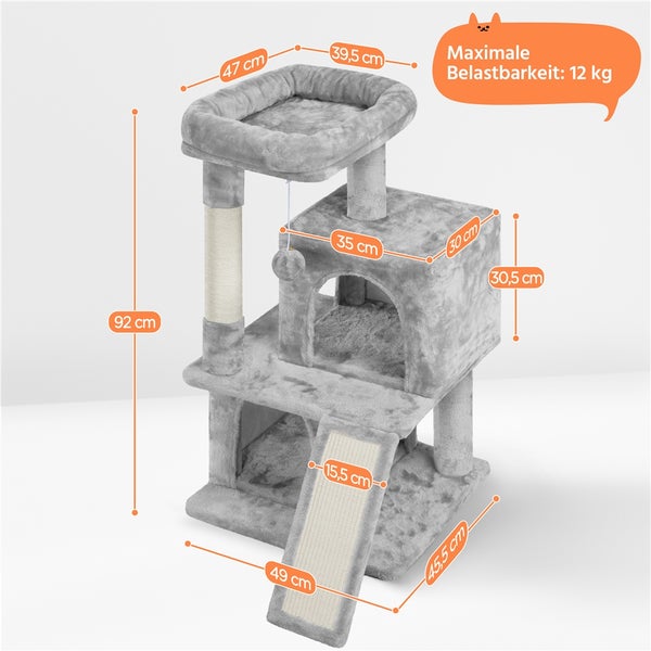 Grauer Kratzbaum mit Liegeflächen und Kratzsäule, maximale Belastbarkeit 12 kg