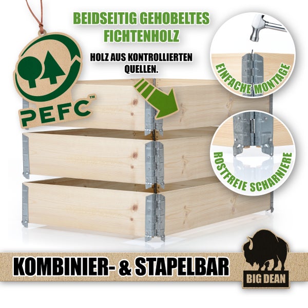 Stapelbare Fichtenholzboxen mit beidseitig gehobeltem Holz, Holz aus kontrollierten Quellen, PEFC Siegel, einfache Montage, rostfreie Scharniere und Big Dean Logo