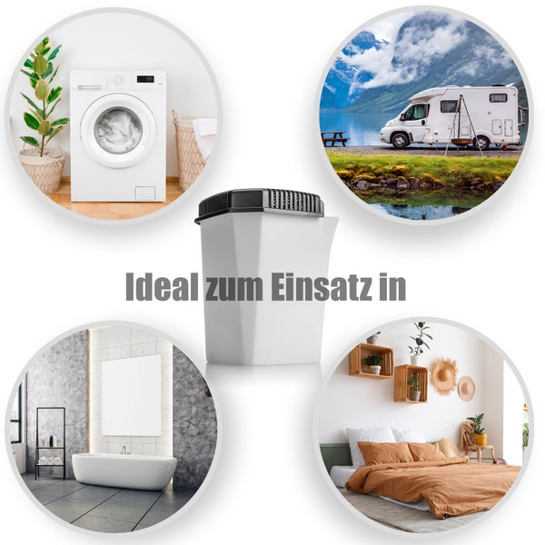 Luftentfeuchter in Weiß mit schwarzem Deckel, geeignet für Waschküche, Wohnmobil, Badezimmer und Schlafzimmer.
