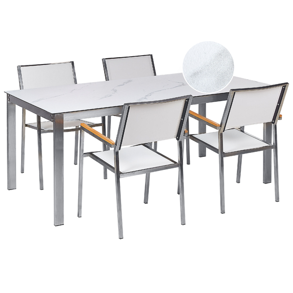 Gartenmöbel Set 4-Sitzer COSOLETO/GROSSETO Sicherheitsglas Marmor Optik Weißer Marmor