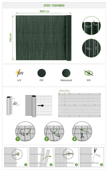 PVC Sichtschutzmatte VISO in der Größe 150 mal 800 Zentimeter mit Montageanleitung und technischen Details wie UV Beständigkeit und Maßen.