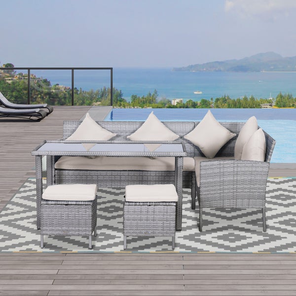 Outsunny 5-tlg. Gartenmöbel-Set, L134 x B60 x H75 cm, PE-Rattan, Metall, Polyester, Gehärtetes Glas, mehrfarbig