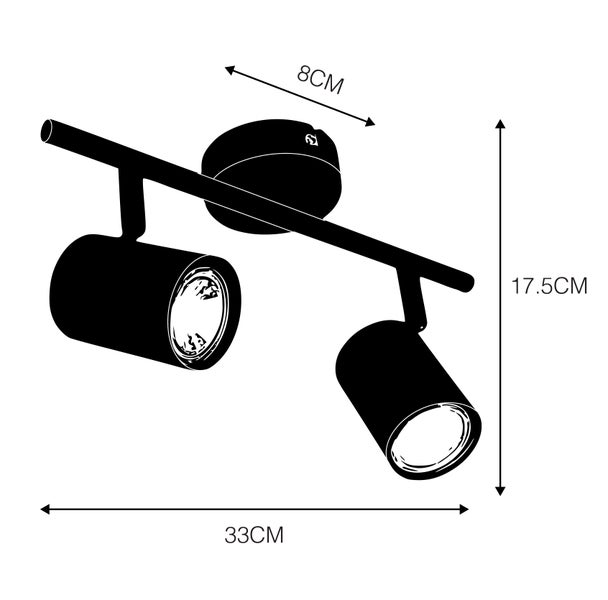 Technische Zeichnung einer Deckenleuchte mit zwei Strahlern und Maßangaben.