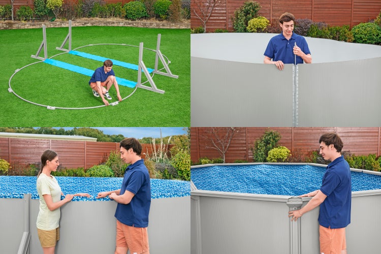 Montage eines ovalen Aufstellpools: Verlegen der Bodenreling, Verbinden der Stahlwand, Einhängen der Poolfolie und Montage des Handlaufs.