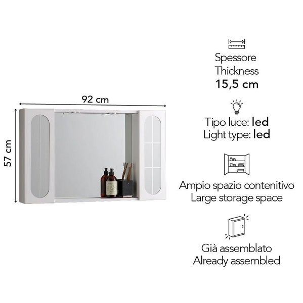 Badezimmer-Spiegelschrank mit LED-Beleuchtung, Maße 92 mal 57 Zentimeter, Tiefe 15,5 Zentimeter, viel Stauraum, bereits montiert.