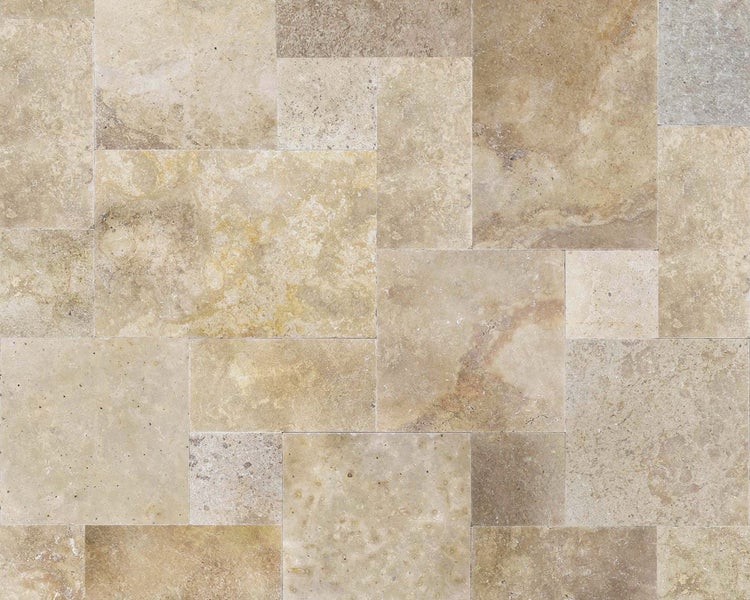 Wohnrausch Travertin Fliesen SUNLIGHT GOLD Römischer Verband 1,2 cm, getrommelt, gelb, beige