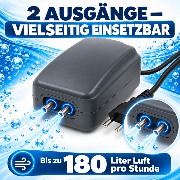 Aquarium Luftpumpe mit zwei Ausgängen und einer Förderleistung von bis zu 180 Litern Luft pro Stunde.