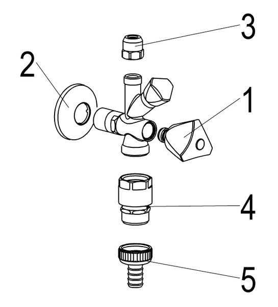 Explosionszeichnung eines Kombi-Eckventils mit nummerierten Einzelteilen wie Griff, Rosette und Schlauchanschluss.