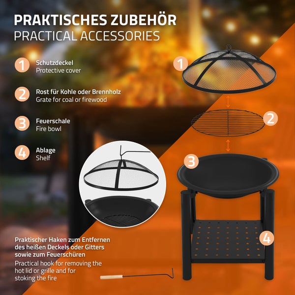 ECD Germany Feuerschale mit Funkenschutz & Grillrost, aus Stahl, Ø55 cm, robust, stabil & rostbeständig, für Garten/Heizung/BBQ, 2in1 Grill Feuerstelle Feuerkorb Feuerhaken Funkenfluggitter Schürhaken