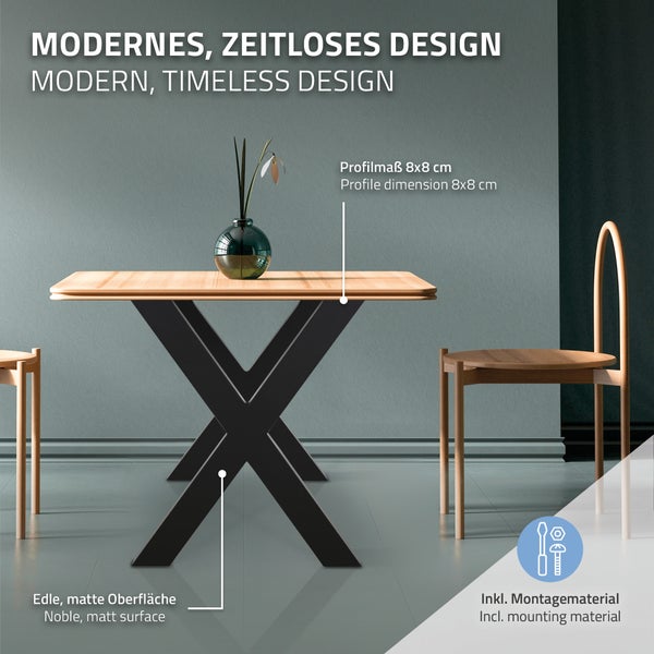 ML-Design 2er Set Tischbeine Kreuz X-Form 60x72,5 cm Schwarz, Profil 8x8cm, pulverbeschichteter Stahl, Industriedesign, Metall Tischkufen Tischgestell Kreuzgestell Möbelfüße, für Esstisch Schreibtisch