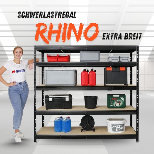 Schwerlastregal Rhino extra breit aus Metall mit vier Ebenen, beladen mit Werkzeug und Behältern.
