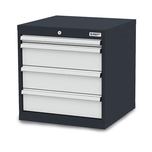 Dunkelgrauer Werkzeug-Schubladenschrank aus Metall mit vier verschieden hohen Schubladen, Zentralschloss und Werkzeugstore24 Logo.