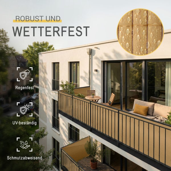Robuster Balkonsichtschutz am Geländer, wetterfest, regenfest, UV-beständig und schmutzabweisend.