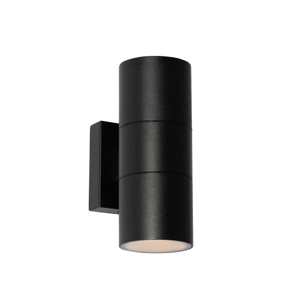 Zylindrische Außenwandleuchte in Schwarz aus Metall für Up- und Downlight.