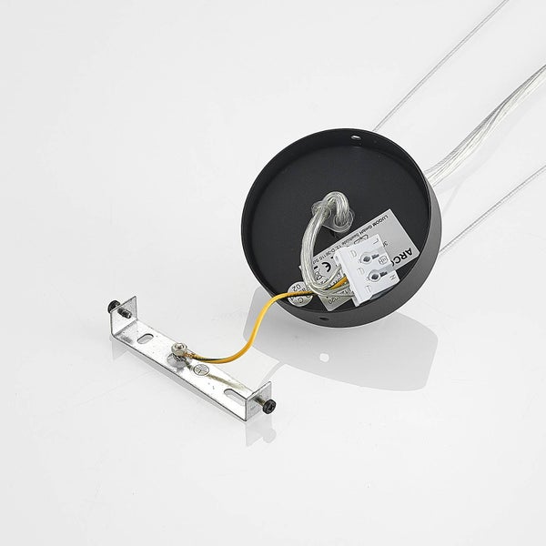 Innenansicht eines runden schwarzen Deckenbaldachins für Pendelleuchten inklusive Montagebügel und Anschlussklemme für die Elektroinstallation.