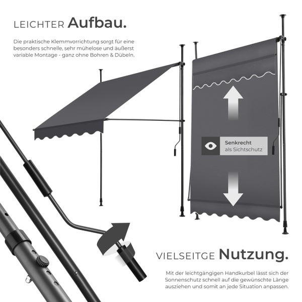 Klemmmarkise tectake  einfache Montage mit Handkurbel schwarz/grau