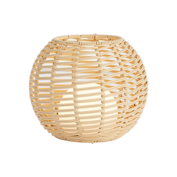 Runde Tischleuchte aus Rattan mit integriertem Leuchtmittel im Inneren für dekorative Beleuchtung