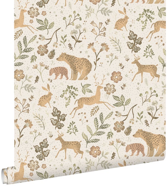 ESTAhome Tapete Wald mit Waldtieren Crême-Weiß und Beige - 53 cm x 10.05 m - 139525