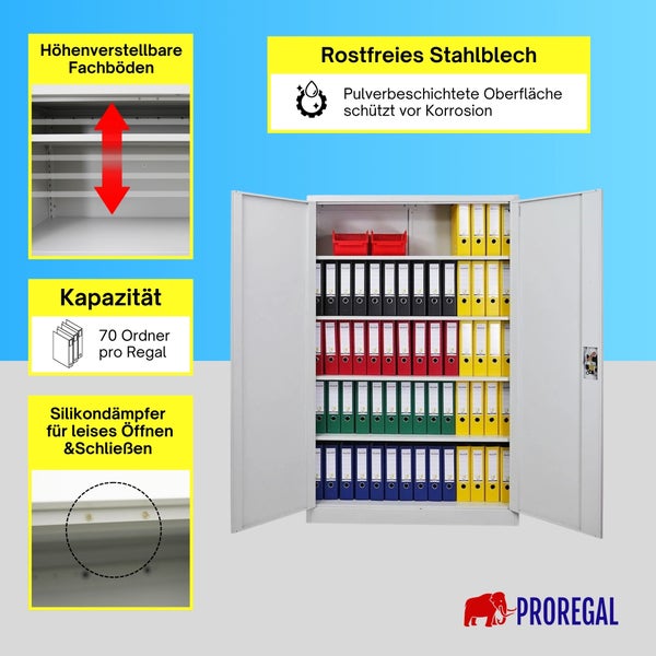 ProRegal Metallschrank mit verstellbaren Fachböden, Korrosionsschutz, Kapazität für 70 Ordner und Silikondämpfern, ProRegal Logo.