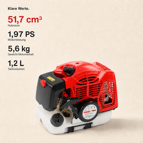 Hecht 1352 Motoreinheit mit 51,7 Kubikzentimeter Hubraum, 1,97 Pferdestärken, 5,6 Kilogramm Gewicht und 1,2 Liter Tankvolumen.
