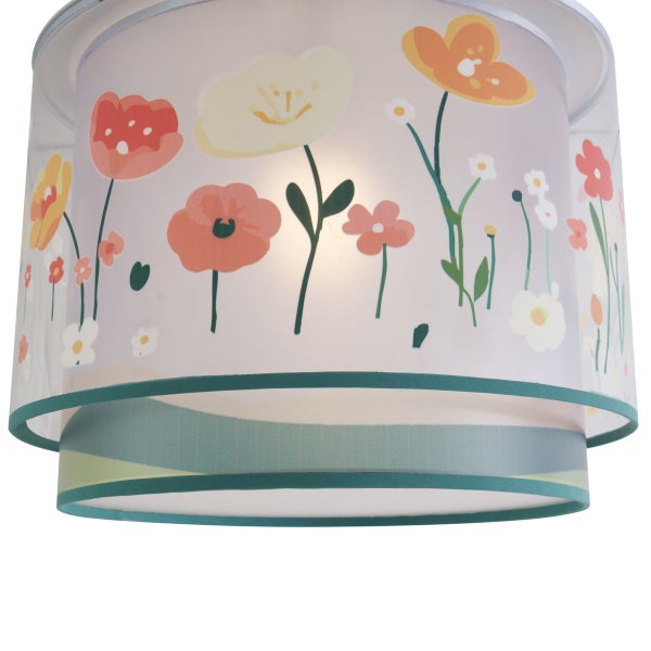 Zylindrischer Lampenschirm mit Blumenmuster aus illustrierten Blumen und grünem Rand.