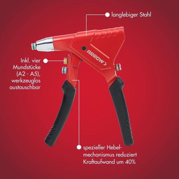 Handnietzange Arrow aus Stahl mit vier werkzeuglos wechselbaren Mundstücken und Hebelmechanismus für 40 Prozent weniger Kraftaufwand. Arrow Logo.