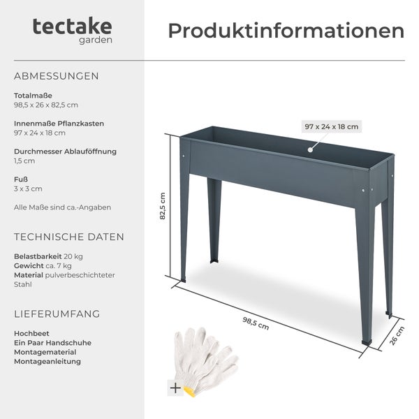 Produktinformationen zu einem Hochbeet aus pulverbeschichtetem Stahl mit Montagezubehör und Arbeitshandschuhen.