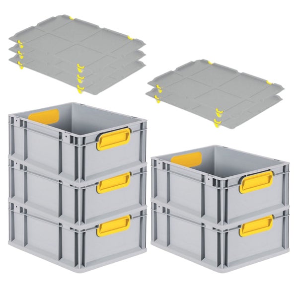 PROREGAL Spar Set 5x Eurobox Nextgen Color Mit Auflagedeckel & Schiebeschnappverschlüsse HxBxT 17 x 30 x 40 cm Griffe Gelb Geschlossen Glatter Boden