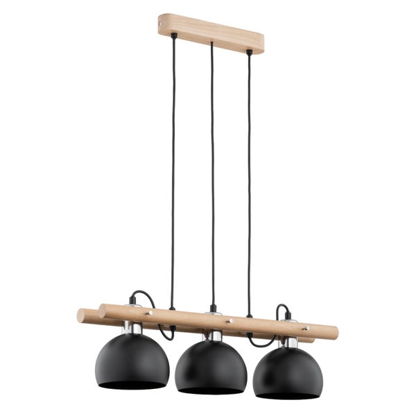 Drei-flammige Pendelleuchte mit Holzstange und drei runden Lampenschirmen für eine moderne Innenbeleuchtung.