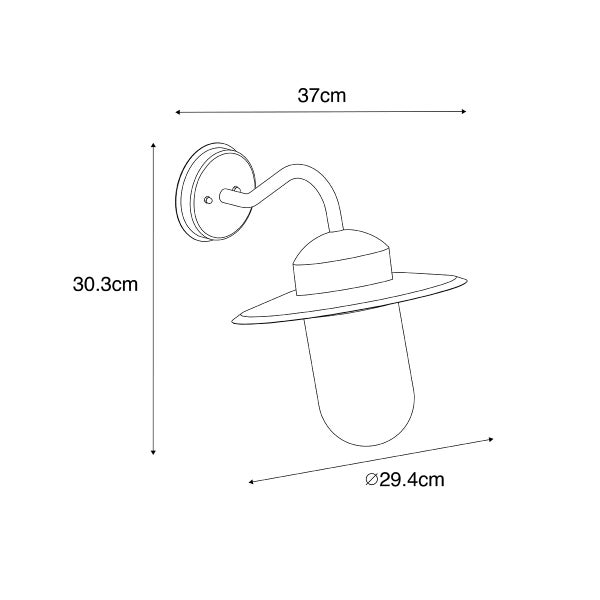 Maßzeichnung einer Außenwandleuchte mit gebogenem Arm, Höhe 30,3 Zentimeter, Tiefe 37 Zentimeter, Durchmesser 29,4 Zentimeter.