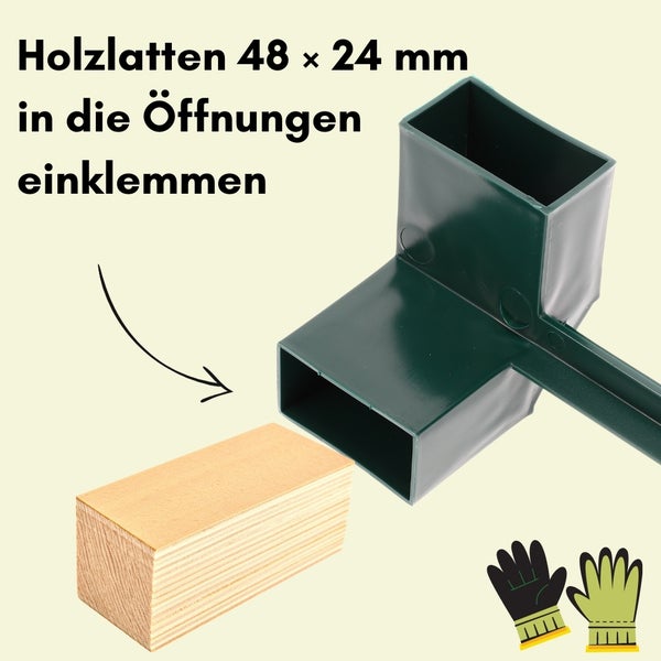Illustration zeigt das Einklemmen von Holzlatten mit den Maßen 48 x 24 mm in eine grüne Halterung.