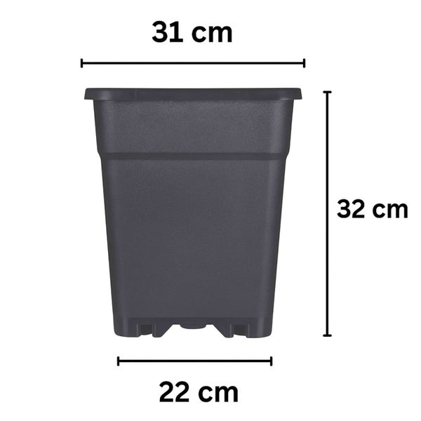Quadratischer Pflanztopf mit den Maßen 31 Zentimeter oben, 32 Zentimeter Höhe und 22 Zentimeter unten.