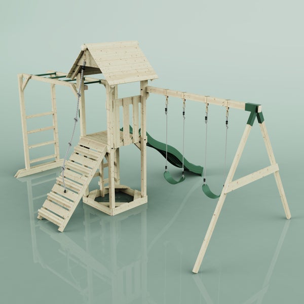 Spielturm aus Holz mit Schaukel und Rutsche