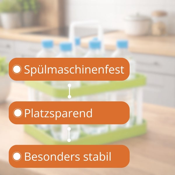 Flaschenträger für Wasserflaschen mit den Eigenschaften spülmaschinenfest, platzsparend und besonders stabil.