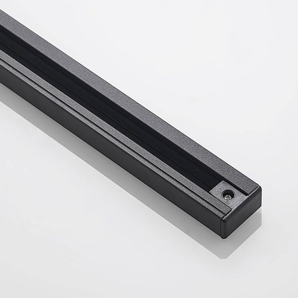 Schwarze Stromschiene aus Metall für Beleuchtungssysteme mit Endkappe und Schraube.