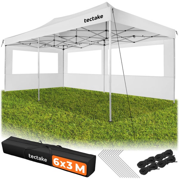 TecTake Faltpavillon 6 mal 3 Meter mit Seitenwänden, Fenstern, Tragetasche, Heringen und Spannseilen auf einer Rasenfläche.