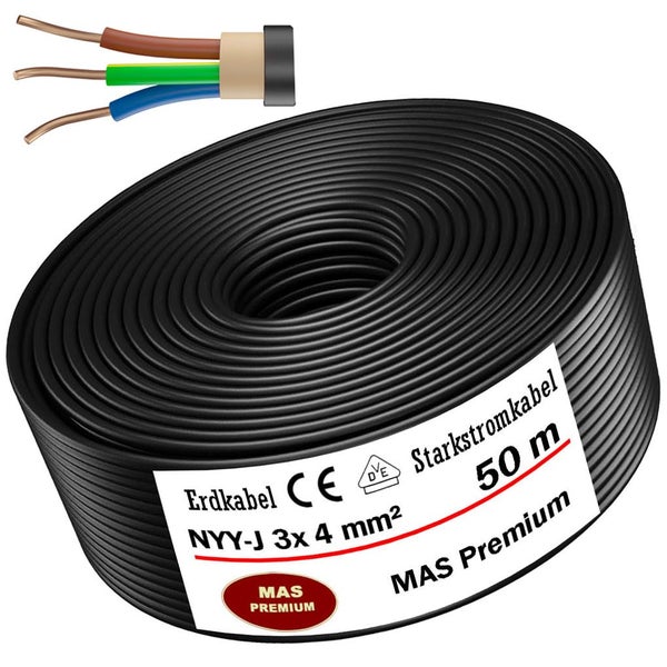 Erdkabel NYY-J 3 mal 4 Quadratmillimeter Starkstromkabel MAS Premium 50 Meter Rolle CE Kennzeichnung VDE geprüft