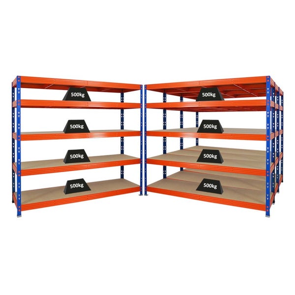 PROREGAL Mega Deal 4x Profi Schwerlastregal Rhino HxBxT 180 x 200 x 60 cm 5 Spanplatten-Ebenen 8mm Fachlast 500 kg Blau/Orange
