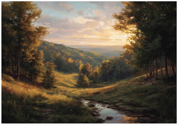 Gemälde einer Waldlandschaft mit Bachlauf bei Sonnenuntergang