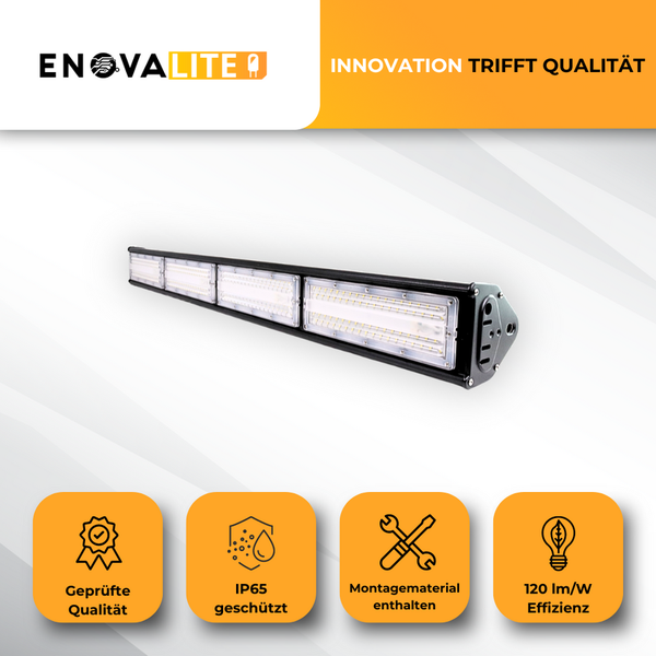 Enovalite LED-Industrieleuchte mit den Symbolen: Geprüfte Qualität, IP65 geschützt, Montagematerial enthalten und 120 lm/W Effizienz