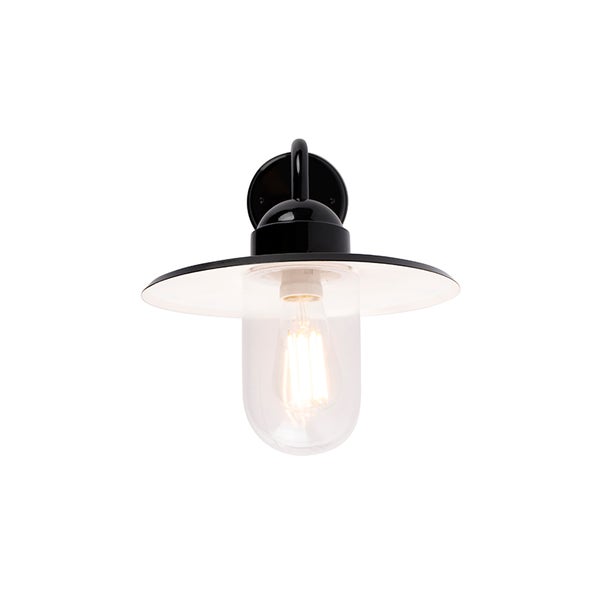 Schwarze Außenwandleuchte mit klarem Glas und sichtbarem LED-Leuchtmittel.