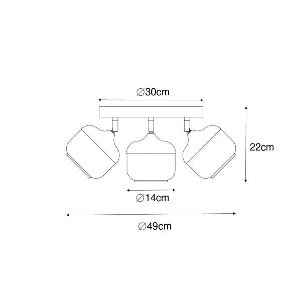 Technische Zeichnung einer Deckenleuchte mit drei Strahlern und Maßangaben