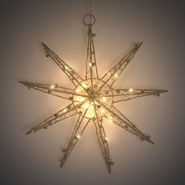 ECD Germany LED Deko Weihnachtsstern 30cm mit 30 warmweißen LEDs, Gold, batteriebetrieben, Metall, Weihnachten Schneeflocke zum Aufhängen mit Beleuchtung & Timer, Innen, Weihnachtsdeko Fensterdeko