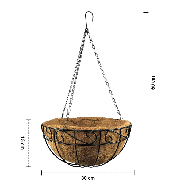 Blumenampel aus Metall mit Kokoseinlage, Durchmesser 30 Zentimeter, Korbhöhe 15 Zentimeter, Gesamthöhe 60 Zentimeter.