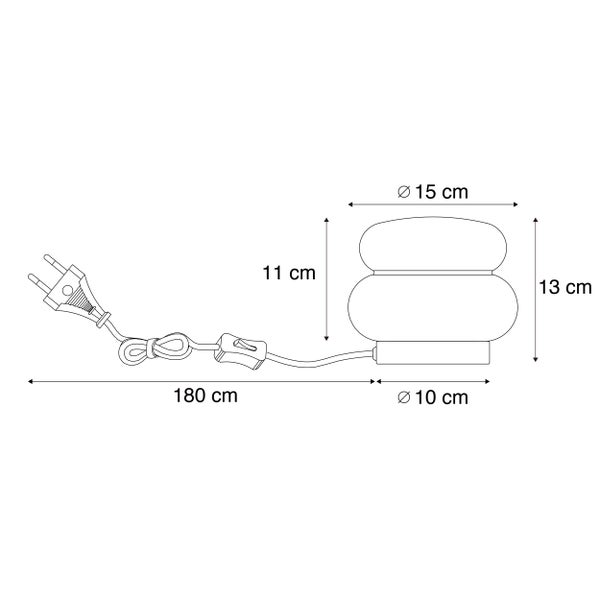 Tischleuchte Abmessungen: Höhe 13 Zentimeter, Schirmdurchmesser 15 Zentimeter, Sockeldurchmesser 10 Zentimeter, Kabellänge 180 Zentimeter.