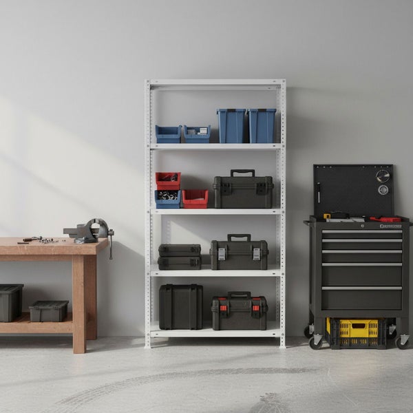 Organisierte Werkstatt mit weißem Metallregal, hölzerner Werkbank samt Schraubstock und fahrbarem Werkzeugwagen.