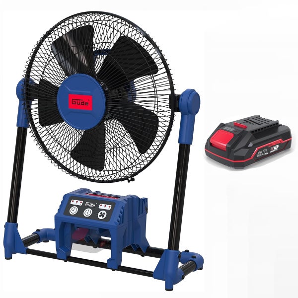 Güde Akku-Ventilator mit Metallschutzgitter, fünf Kunststoffflügeln, stabilem Standgestell und separatem 18 Volt Akku.
