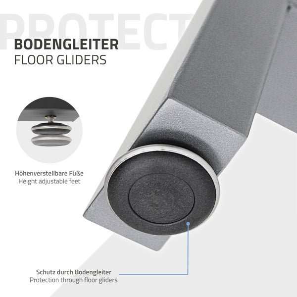 Detailansicht von höhenverstellbaren Möbelfüßen mit Bodengleitern.