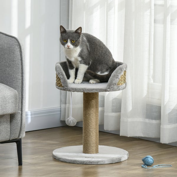 PawHut Kratzbaum klein, 49 cm Katzenbaum, Katzenkratzbaum mit Spielball, Liegefläche, Kletterbaum für Katzen bis 4 kg, Katzenmöbel, Jute Grau